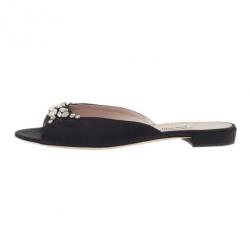 مملوكة مسبقًا Miu Miu Black Jeweled Satin Flat Slides Size 39.5