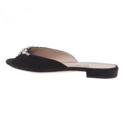 مملوكة مسبقًا Miu Miu Black Jeweled Satin Flat Slides Size 39.5