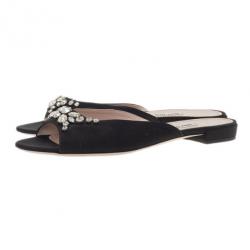 مملوكة مسبقًا Miu Miu Black Jeweled Satin Flat Slides Size 39.5