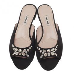 مملوكة مسبقًا Miu Miu Black Jeweled Satin Flat Slides Size 39.5