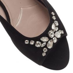 مملوكة مسبقًا Miu Miu Black Jeweled Satin Flat Slides Size 39.5