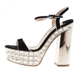 Pre Owned صندل ميو ميو مرصع بالجواهر شريط كاحل جلد مدبوغ أسود مقاس 37.5