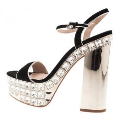 Pre Owned صندل ميو ميو مرصع بالجواهر شريط كاحل جلد مدبوغ أسود مقاس 37.5