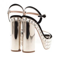 Pre Owned صندل ميو ميو مرصع بالجواهر شريط كاحل جلد مدبوغ أسود مقاس 37.5