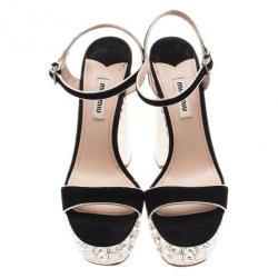 Pre Owned صندل ميو ميو مرصع بالجواهر شريط كاحل جلد مدبوغ أسود مقاس 37.5