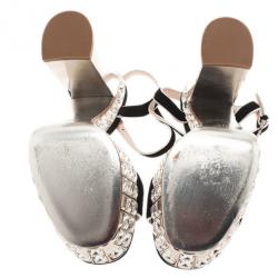 Pre Owned صندل ميو ميو مرصع بالجواهر شريط كاحل جلد مدبوغ أسود مقاس 37.5