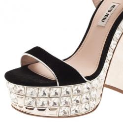 Pre Owned صندل ميو ميو مرصع بالجواهر شريط كاحل جلد مدبوغ أسود مقاس 37.5