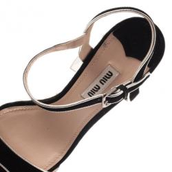 Pre Owned صندل ميو ميو مرصع بالجواهر شريط كاحل جلد مدبوغ أسود مقاس 37.5