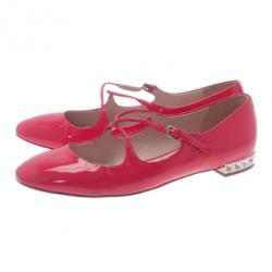 Pre Owned Miu Miu Pink Patent Mary Jane Ballet Flats Size 38.5