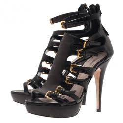 Pre Owned Miu Miu Black Leather Multi Strap Platform Sandals Size 37
