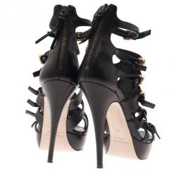 Pre Owned Miu Miu Black Leather Multi Strap Platform Sandals Size 37