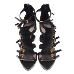 Pre Owned Miu Miu Black Leather Multi Strap Platform Sandals Size 37