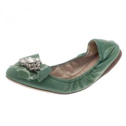 Pre Owned Miu Miu Green Patent Leather Jeweled Ballet Flats Size 41