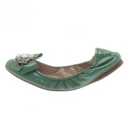 Pre Owned Miu Miu Green Patent Leather Jeweled Ballet Flats Size 41