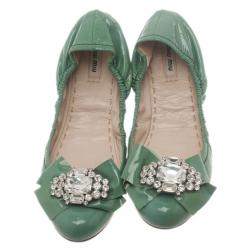 Pre Owned Miu Miu Green Patent Leather Jeweled Ballet Flats Size 41