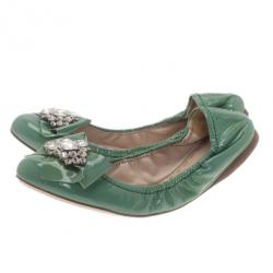 Pre Owned Miu Miu Green Patent Leather Jeweled Ballet Flats Size 41