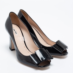 Miu Miu Black Patent Leather Bow Open Toe Block Heel Pumps Size 39.5