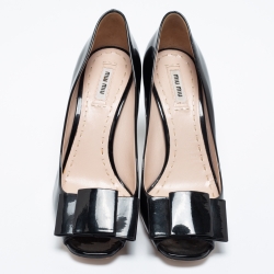 Miu Miu Black Patent Leather Bow Open Toe Block Heel Pumps Size 39.5