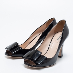 Miu Miu Black Patent Leather Bow Open Toe Block Heel Pumps Size 39.5