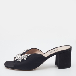 مملوكة مسبقًا Miu Miu Black Satin Crystal Embellished Block Heel Slide Sandals Size 40