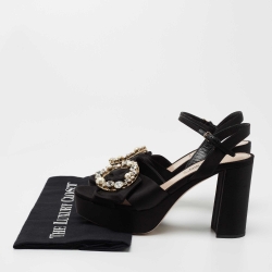 Miu Miu Black Satin Crystal Embellished Block Heel Ankle Strap Platform Sandals Size 38
