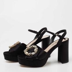 Miu Miu Black Satin Crystal Embellished Block Heel Ankle Strap Platform Sandals Size 38