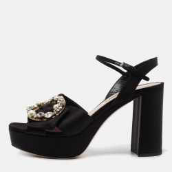 Miu Miu Black Satin Crystal Embellished Block Heel Ankle Strap Platform Sandals Size 38