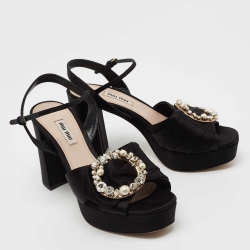 Miu Miu Black Satin Crystal Embellished Block Heel Ankle Strap Platform Sandals Size 38