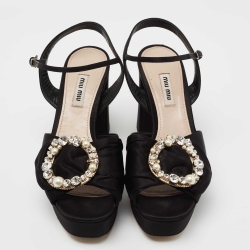 Miu Miu Black Satin Crystal Embellished Block Heel Ankle Strap Platform Sandals Size 38