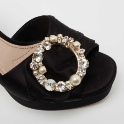 Miu Miu Black Satin Crystal Embellished Block Heel Ankle Strap Platform Sandals Size 38