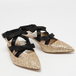 Miu Miu Metallic Gold Glitter Bows Slingback Pumps Size 37.5