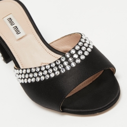 Miu Miu Black Satin Crystal Embellished Block Heel Slide Sandals Size 36