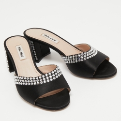 Miu Miu Black Satin Crystal Embellished Block Heel Slide Sandals Size 36