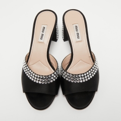 Miu Miu Black Satin Crystal Embellished Block Heel Slide Sandals Size 36