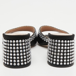 Miu Miu Black Satin Crystal Embellished Block Heel Slide Sandals Size 36