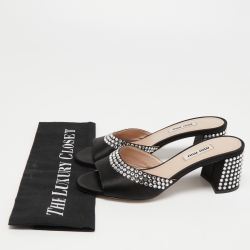Miu Miu Black Satin Crystal Embellished Block Heel Slide Sandals Size 36