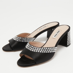 Miu Miu Black Satin Crystal Embellished Block Heel Slide Sandals Size 36