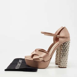 مملوكة مسبقًا Miu Miu Pink Satin Crystal Embellished Platform Ankle Strap Sandals Size 38