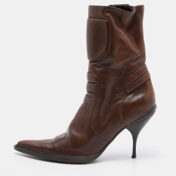 Miu Miu Brown Leather Mid Calf Pointed Toe Boots Size 40