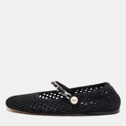 Miu Miu Black Mesh Mary Jane Pearl Chain Embellished Ballet Flats Size 38