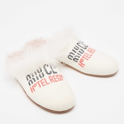 Miu Miu White Canvas And Fur Mule Flats Size 39
