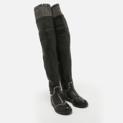 Miu Miu Black Leather Stud Embellished Over The Knee Boots Size 36