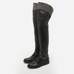 Miu Miu Black Leather Stud Embellished Over The Knee Boots Size 36