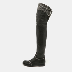 Miu Miu Black Leather Stud Embellished Over The Knee Boots Size 36