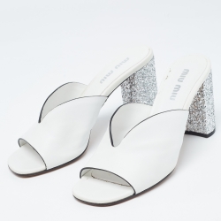 Miu Miu White Leather Glitter Block Heel Slide Sandals Size 40.5