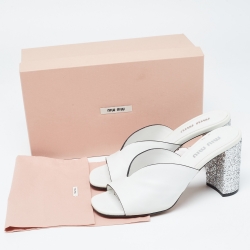 Miu Miu White Leather Glitter Block Heel Slide Sandals Size 40.5