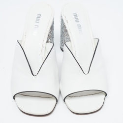 Miu Miu White Leather Glitter Block Heel Slide Sandals Size 40.5