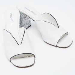 Miu Miu White Leather Glitter Block Heel Slide Sandals Size 40.5