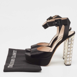 Miu Miu Black Satin Ankle Strap Crystal Heel Sandals Size 38