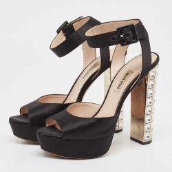 Miu Miu Black Satin Ankle Strap Crystal Heel Sandals Size 38